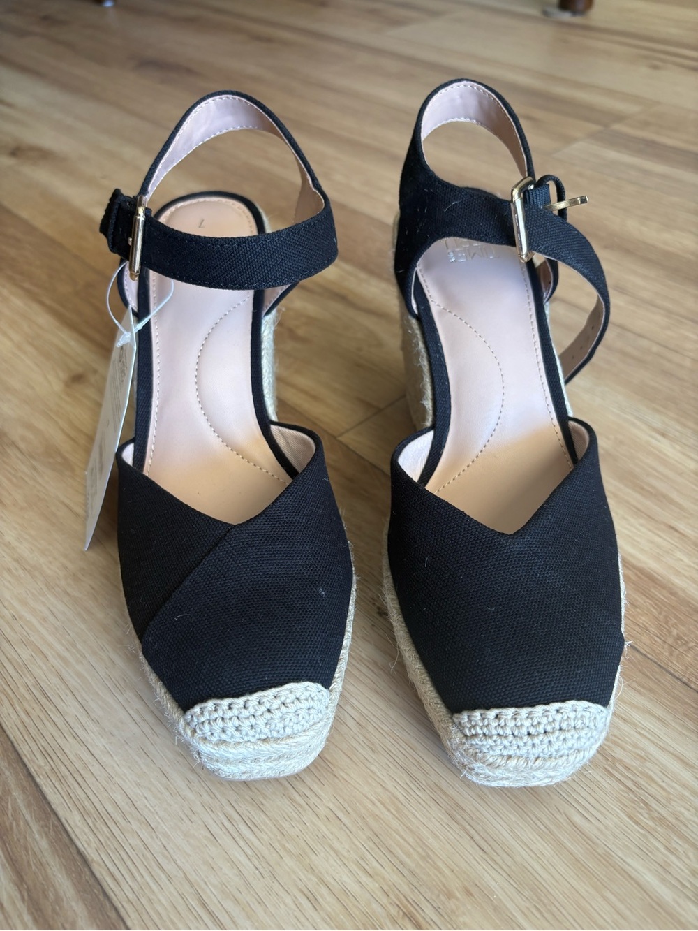 Time and Tru Black Canvas Espadrille Wedge Sandals with Ankle Strap